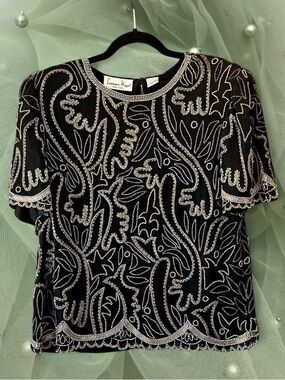 Vintage 1980s Laurence Kazar Black Beaded 100% Silk Blouse